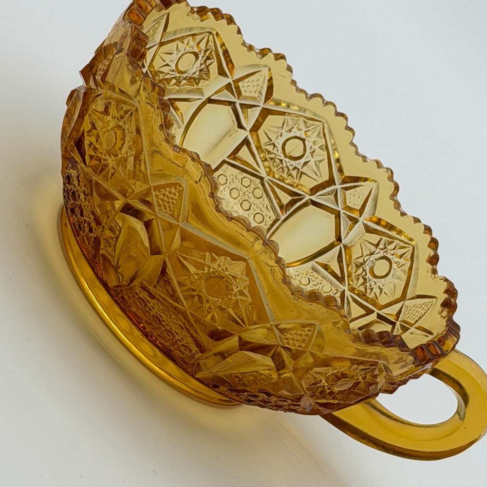 Vintage Amber Glass Nappy Dish Scalloped Sawtooth Edge Daisy Button Starburst 5"